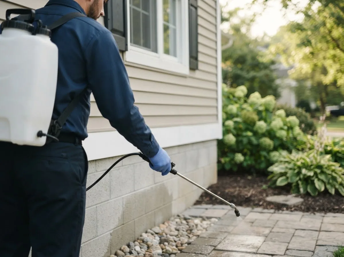 Pest control technician inspecting a home in Burlingham, NY